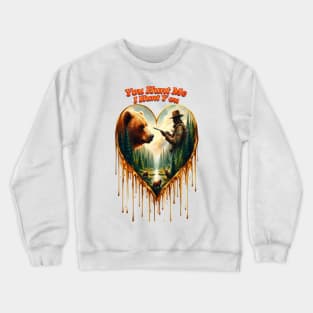 Heart-Shaped Artwork Depicting the Relationship Between Hunter, Bear, and Deer in a Forest Setting Crewneck Sweatshirt